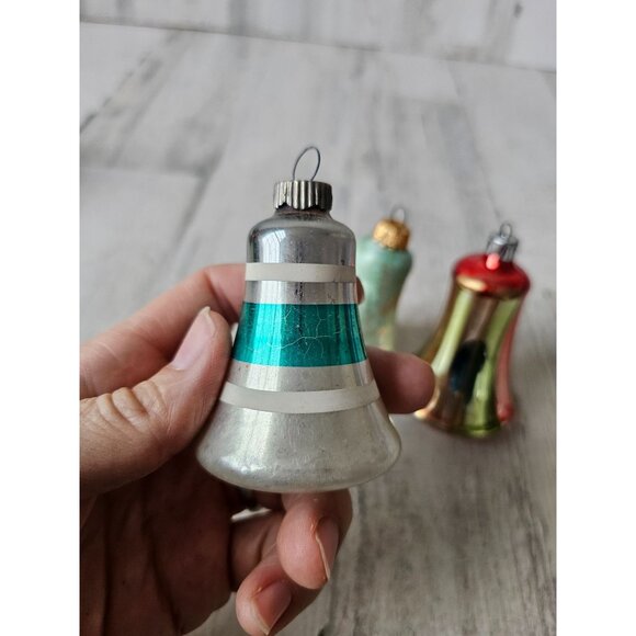 Vintage glass bell striped red green ornament Xmas set - Picture 5 of 14